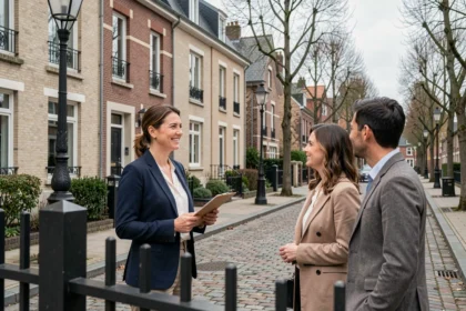 Agent immobilier devant une maison typique des Hauts-de-France avec des clients potentiels