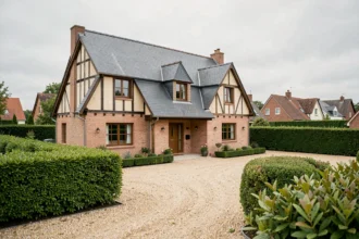 Vue d'ensemble d'une maison individuelle neuve en Seine-Maritime avec jardin et façade en brique normande