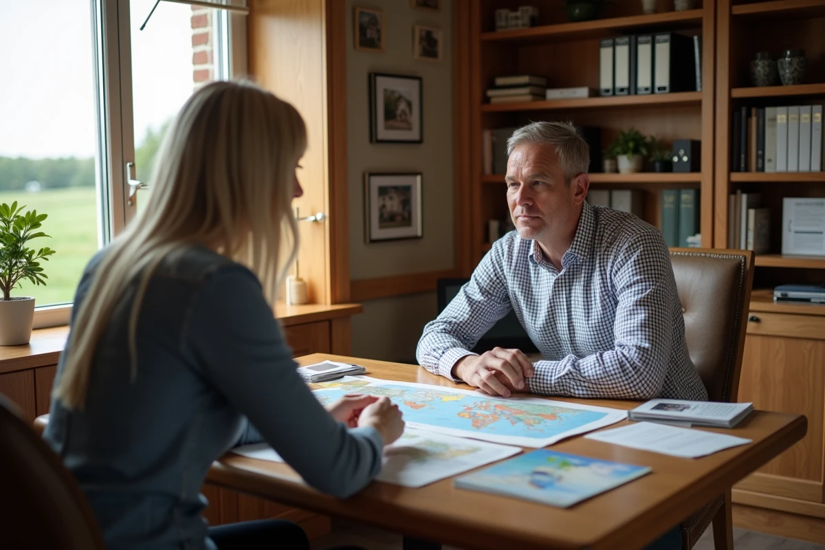 Un homme en reconversion discute avec un agent immobilier de l'acquisition d'un camping lors d'une réunion professionnelle