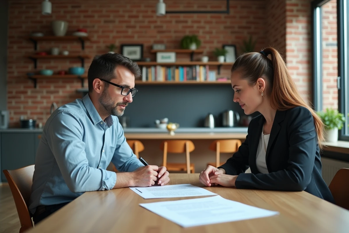 Négociation d'un contrat de droit à l'image entre propriétaire et représentant de production dans un appartement moderne