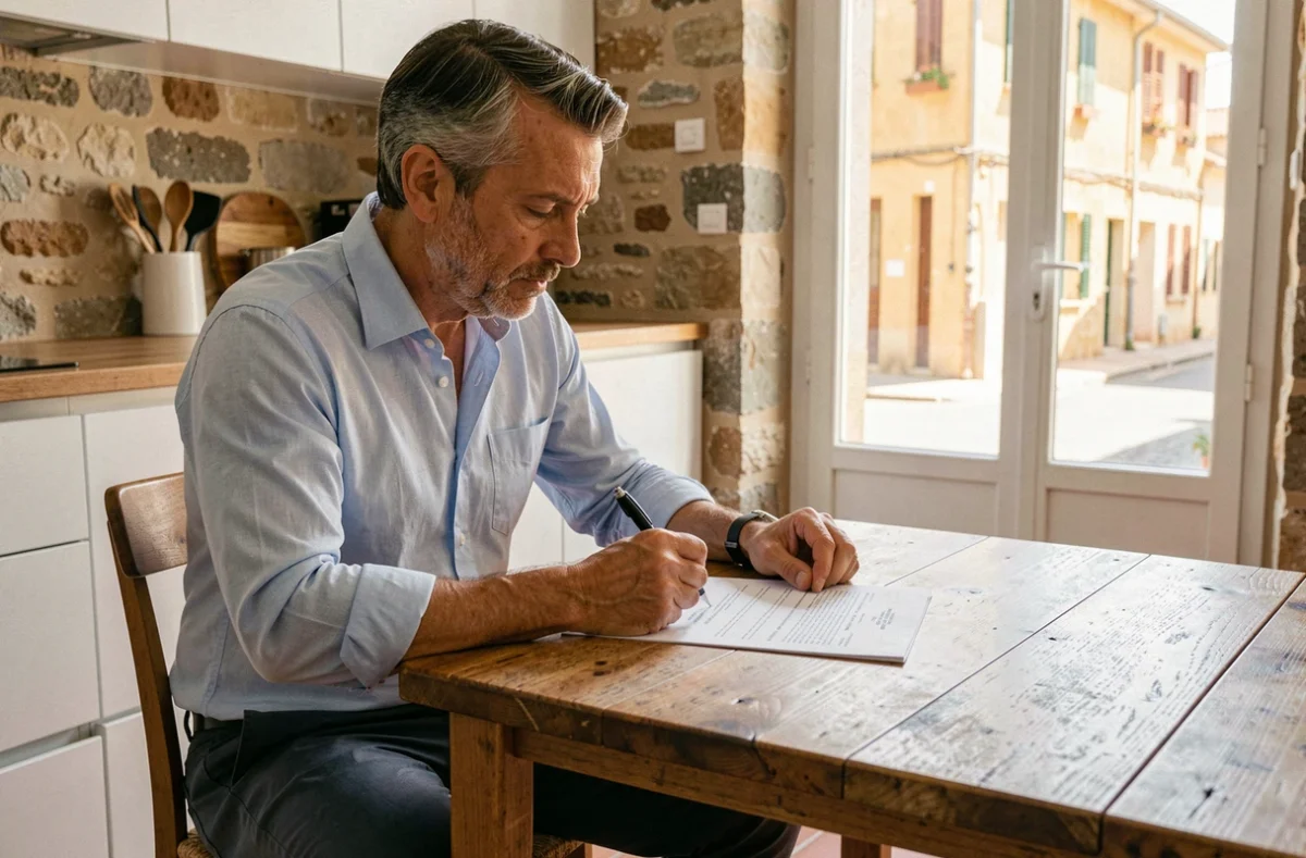 Locataire signant un contrat de location dans un appartement au style méditerranéen à Béziers
