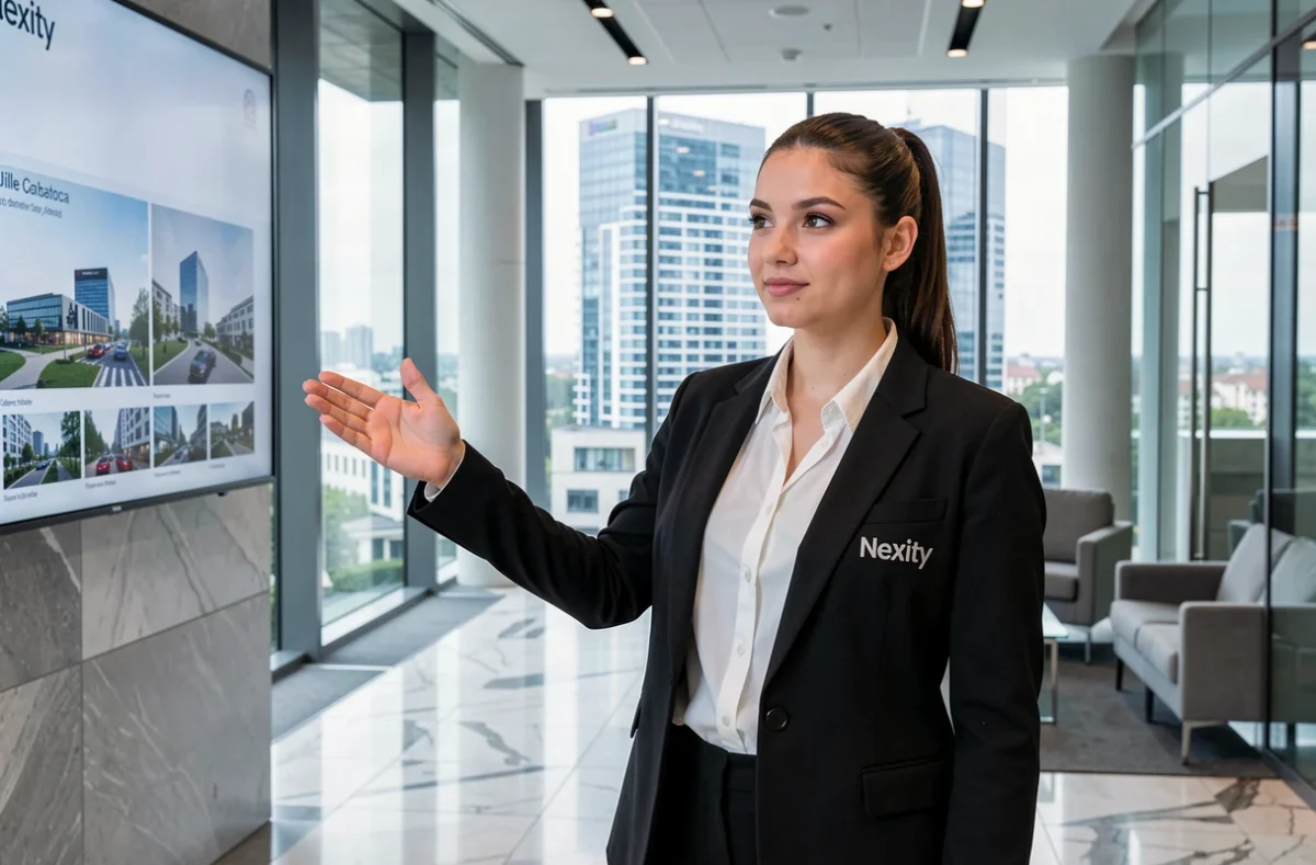 Agente Nexity Lille dans le hall moderne d'un immeuble du quartier d'affaires avec écran de présentation