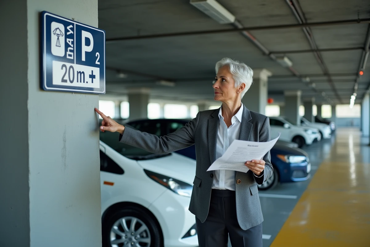 Femme expert inspectant une place de parking souterrain conforme aux normes réglementaires 2026