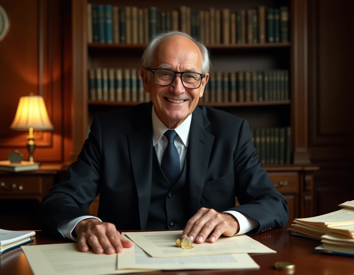 Notaire français assis à son bureau avec des actes de vente et une pièce d'un euro symbolique pour la cession d'un manoir