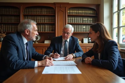Couple de primo-accédants signant un contrat immobilier avec un notaire dans une étude notariale traditionnelle à Limoges