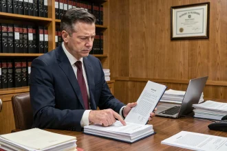 Notaire examinant un pré-état daté et des documents immobiliers incomplets sur son bureau dans une étude notariale