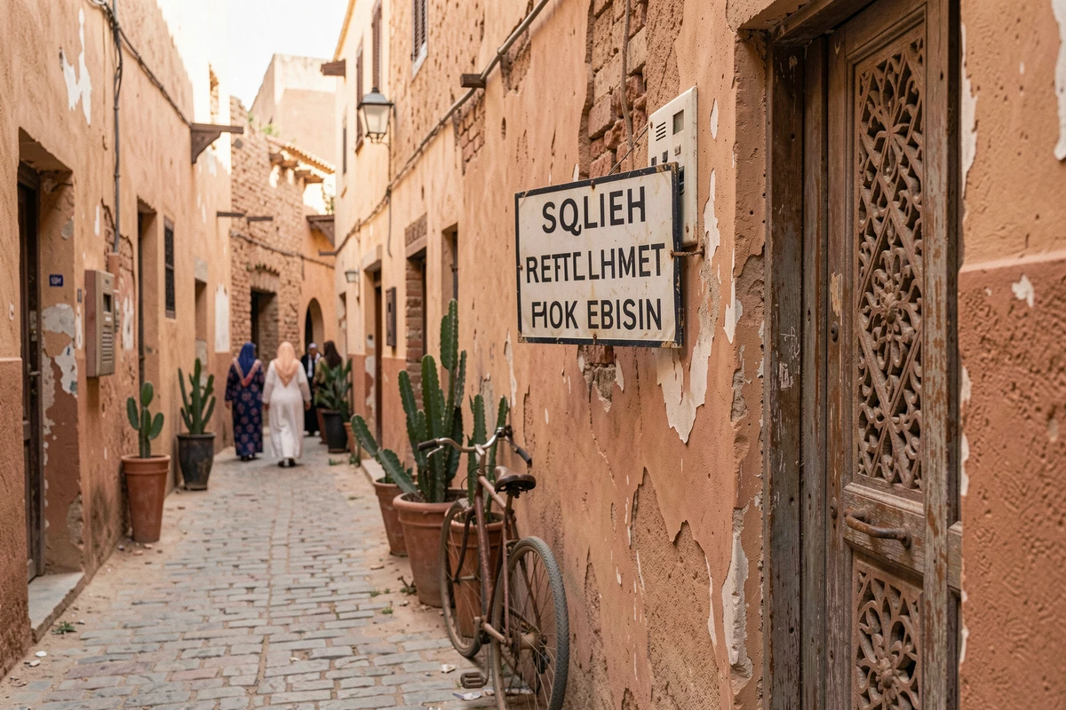 Panneau de vente immobilière accroché de travers sur une façade délabrée dans une ruelle de Marrakech, symbolisant les erreurs de mise en valeur lors d'une vente d'appartement