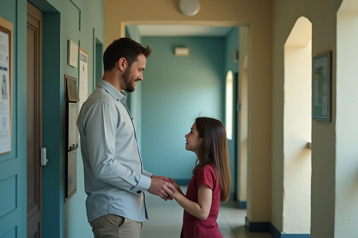 Père et fille examinant une boîte aux lettres dans un hall d