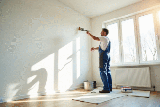 Peintre professionnel en overalls peignant un mur blanc dans un salon lumineux
