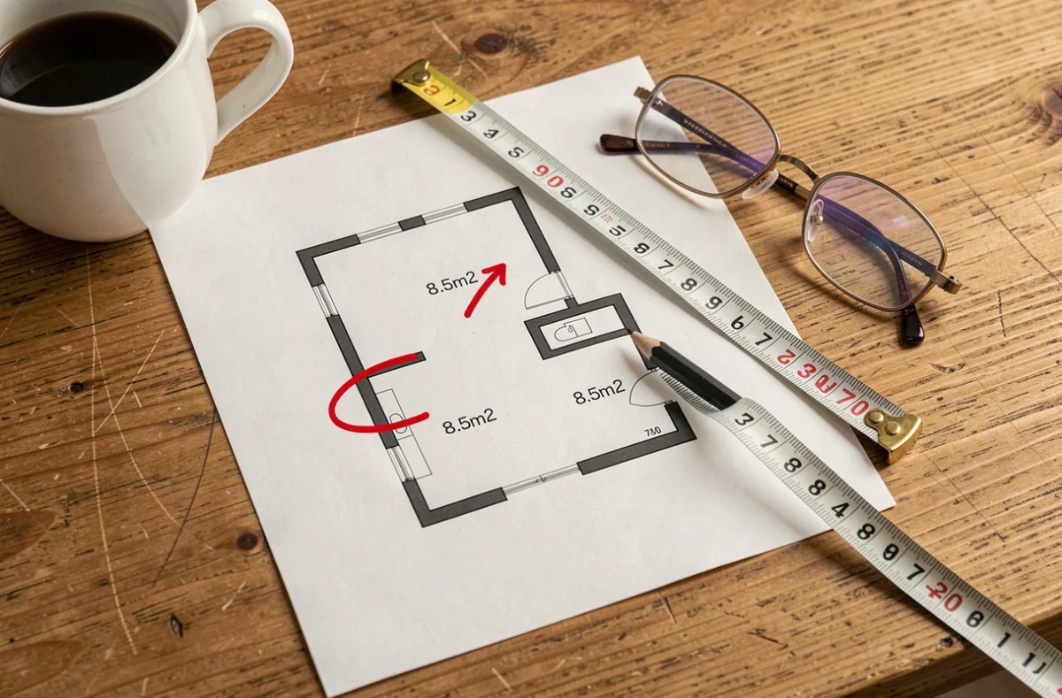 Plan de logement avec chambre de 8,5m2 annoté lors d'une estimation immobilière