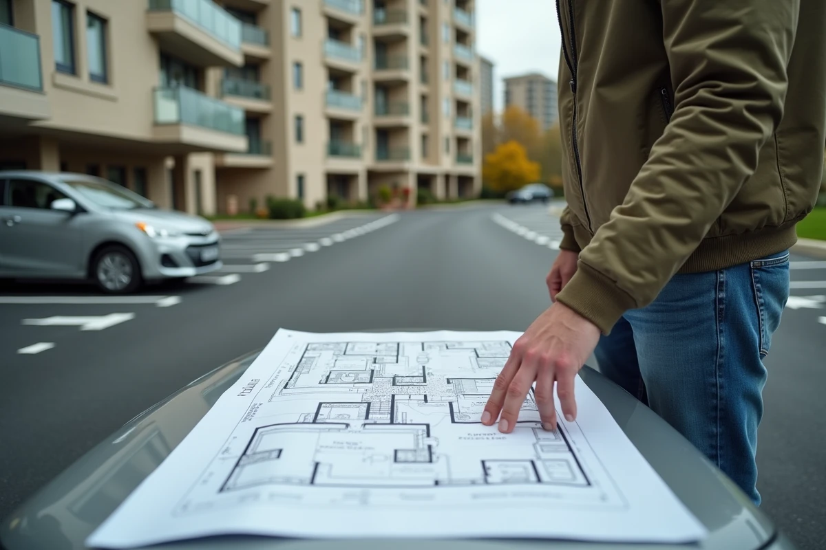 Architecte consultant des plans de stationnement conformes aux normes de taille de place de parking 2026 devant un immeuble résidentiel