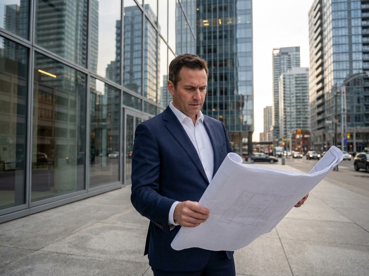 Professionnel de l'immobilier analysant des plans architecturaux devant un immeuble de bureaux moderne en verre et acier