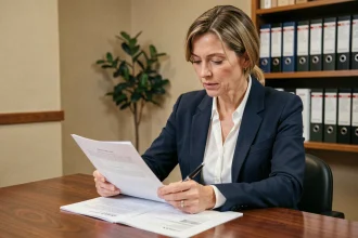 Professionnelle immobilière examinant un état daté dans un bureau de notaire