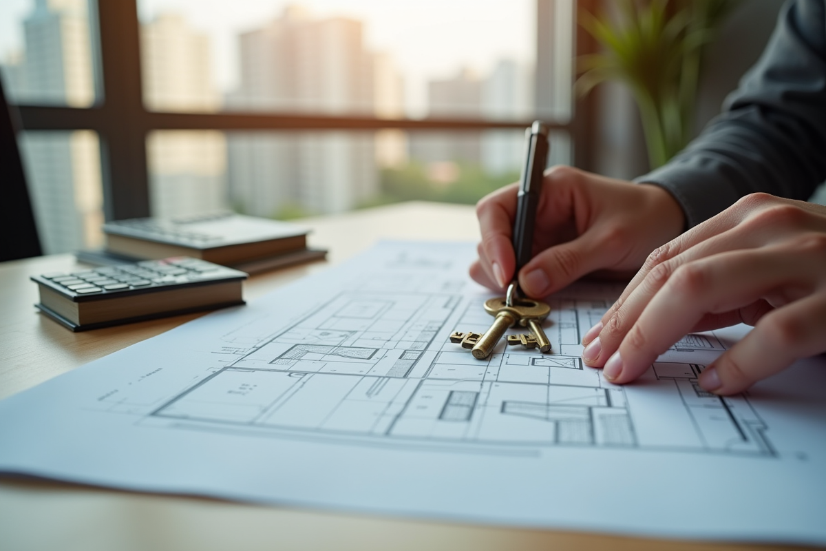 Mains tenant des plans et clés de bâtiment ancien sur un bureau