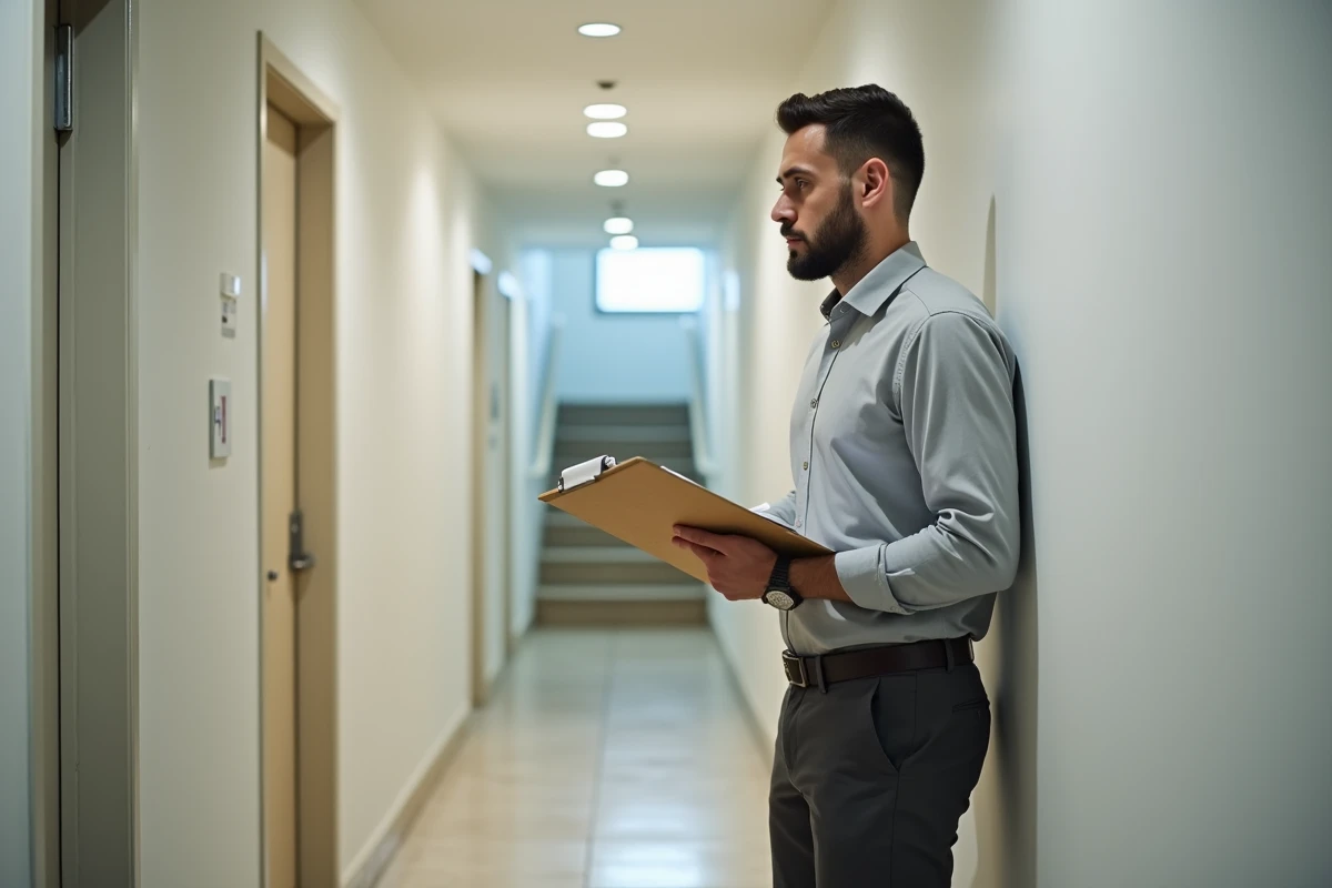 Propriétaire bailleur inspectant un immeuble résidentiel avec des documents de gestion locative à la main