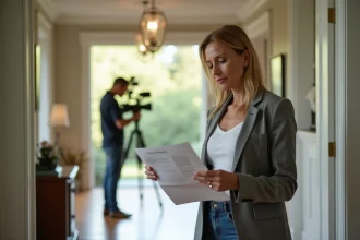 Propriétaire examinant un contrat de tournage devant sa maison avec une équipe de film en arrière-plan