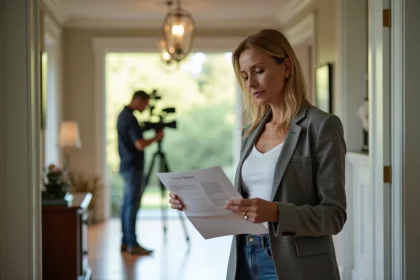Propriétaire examinant un contrat de tournage devant sa maison avec une équipe de film en arrière-plan