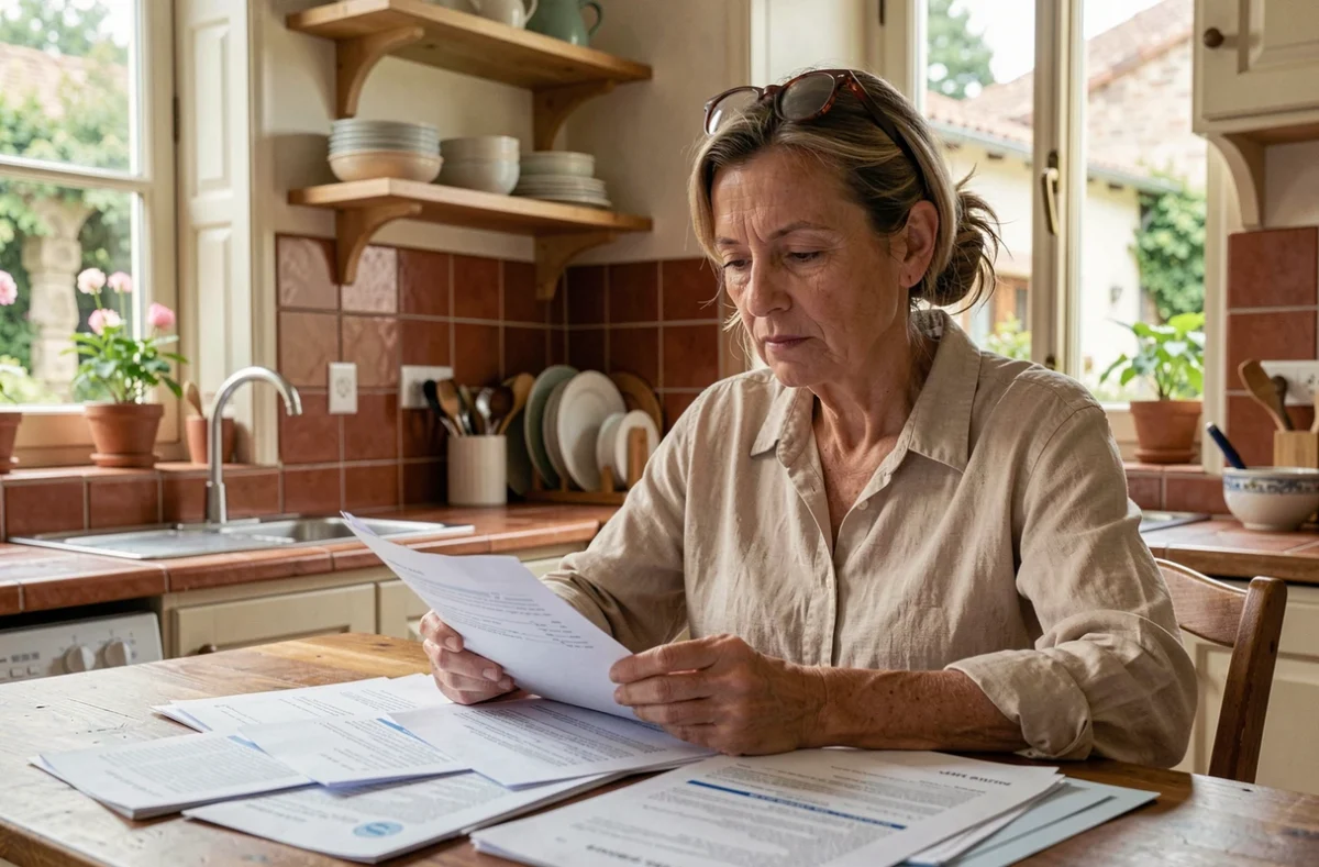 Propriétaire étudiant des dossiers de candidature locative à sa table de cuisine dans un intérieur français