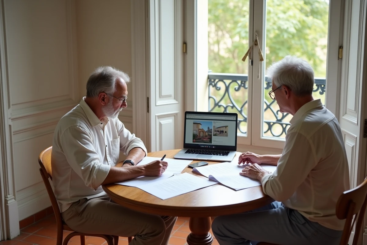 Couple de propriétaires consultant des documents d'estimation immobilière dans un appartement de style provençal à Aix-en-Provence