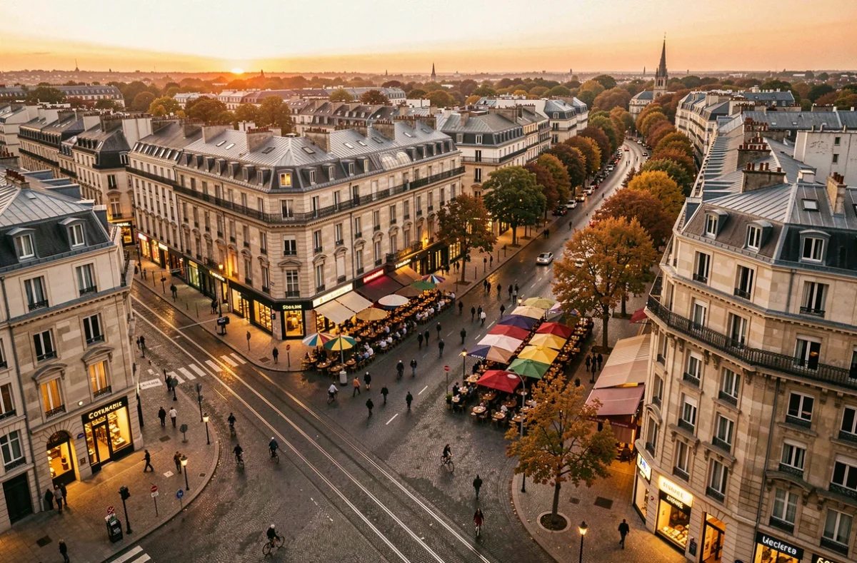 Vue en hauteur d'un quartier animé de Dijon avec terrasses de restaurants et bars, illustrant les meilleurs emplacements pour ouvrir un local commercial