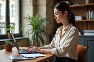 Femme consultant des annonces de location à Paris sur son ordinateur portable dans un appartement haussmannien