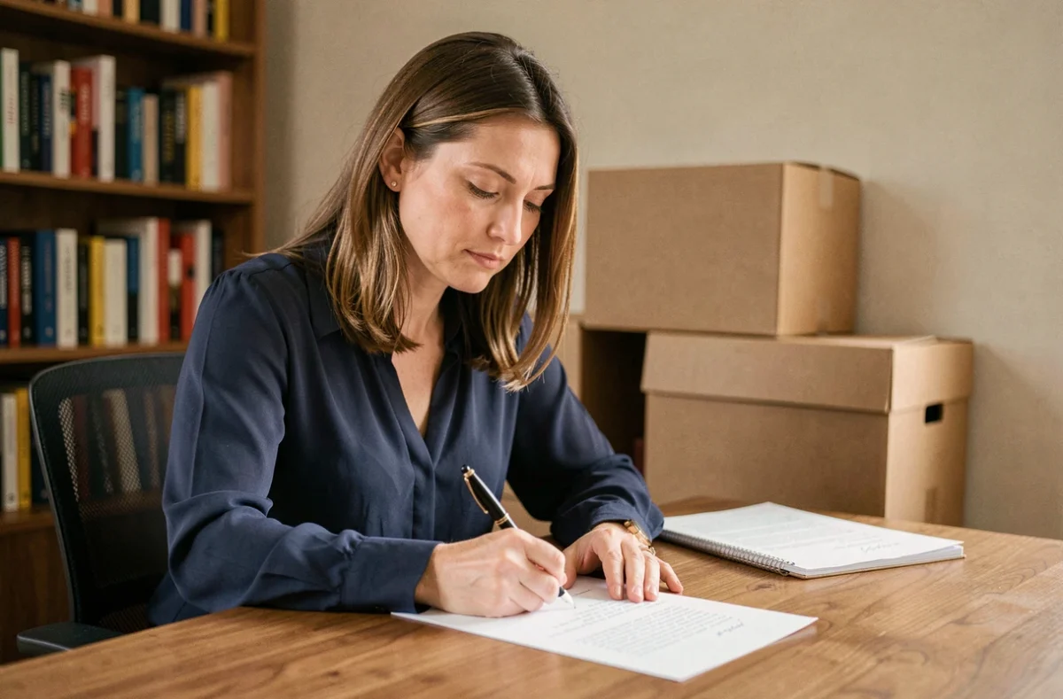 Femme rédigeant une lettre de préavis de déménagement à son bureau avec des cartons en arrière-plan