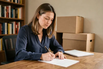 Femme rédigeant une lettre de préavis de déménagement à son bureau avec des cartons en arrière-plan