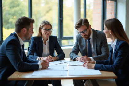 Groupe de professionnels rencontrant un conseiller bancaire dans un bureau lumineux