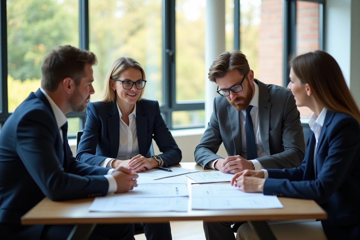Groupe de professionnels rencontrant un conseiller bancaire dans un bureau lumineux