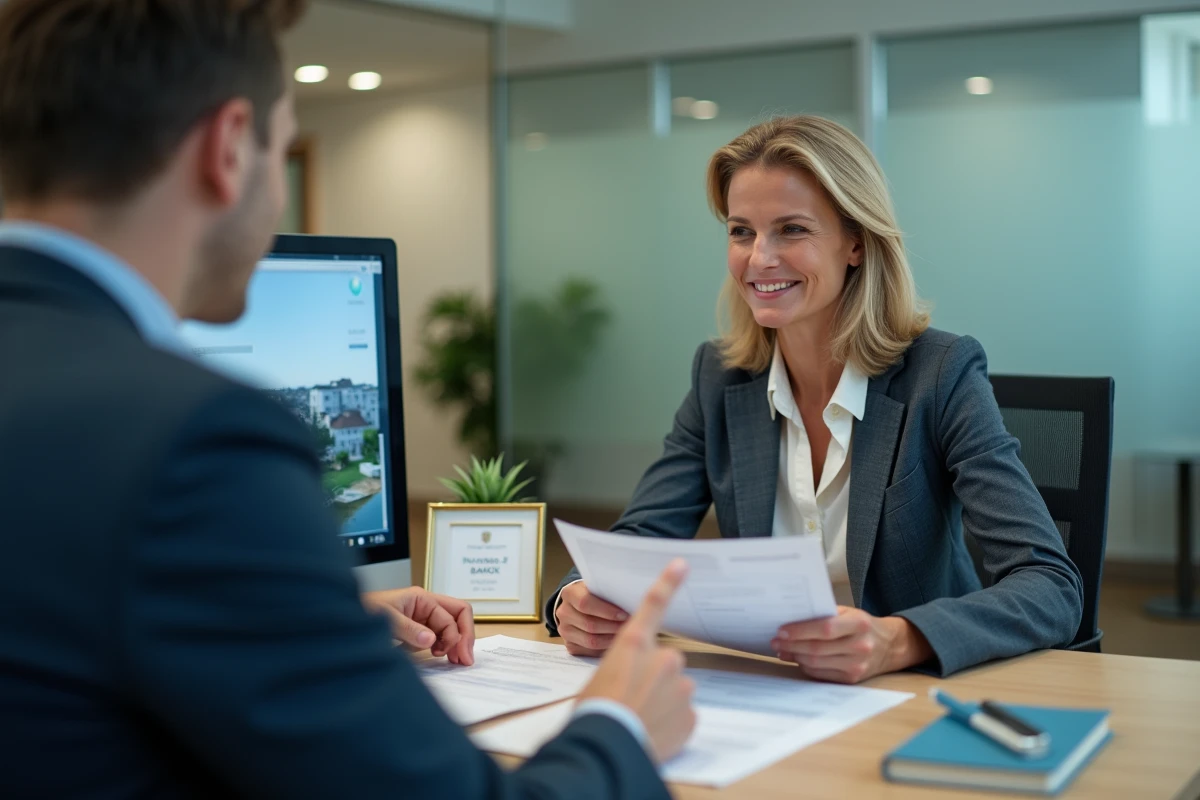 Femme en rendez-vous avec un conseiller bancaire pour négocier un emprunt immobilier en couple