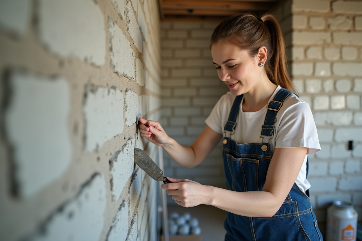 Jeune femme appliquant du mastic sur un mur en rénovation