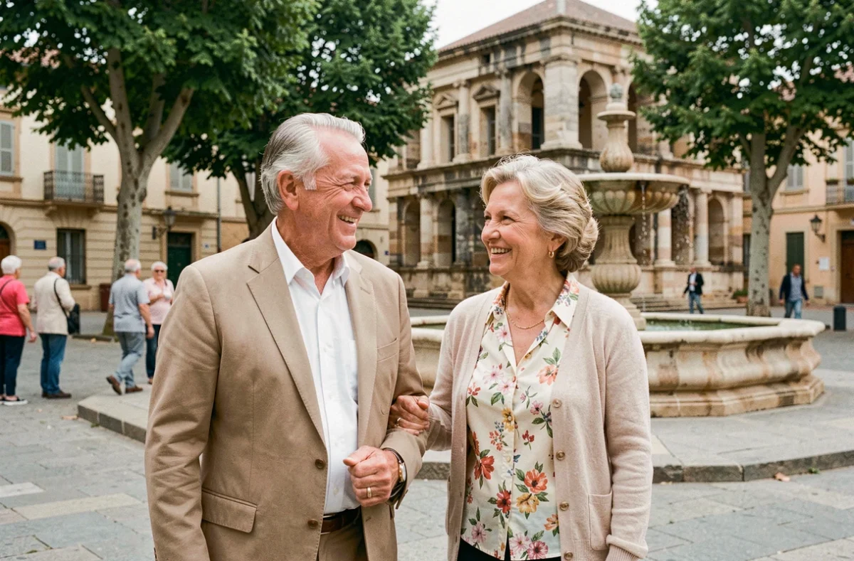 Couple de retraités se promenant sur une place historique du centre-ville de Nîmes avec des monuments romains en arrière-plan