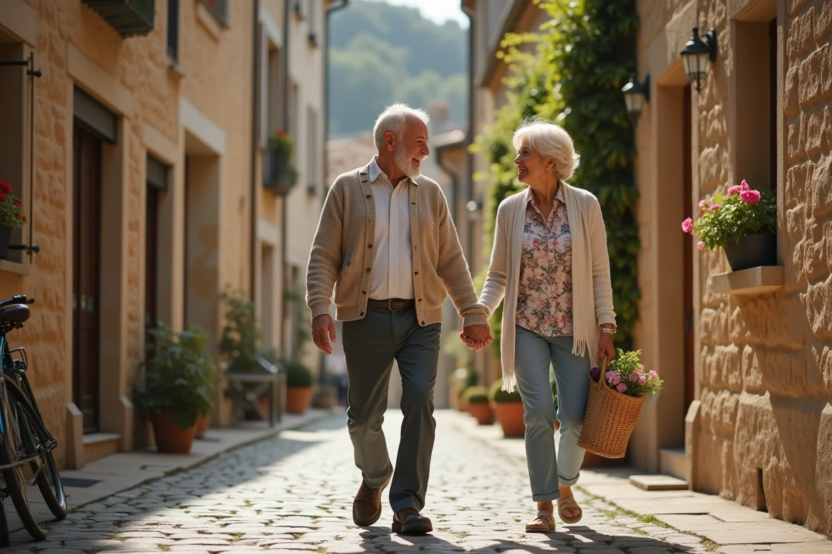 Couple de retraités se promenant dans une rue résidentielle calme de Bergerac