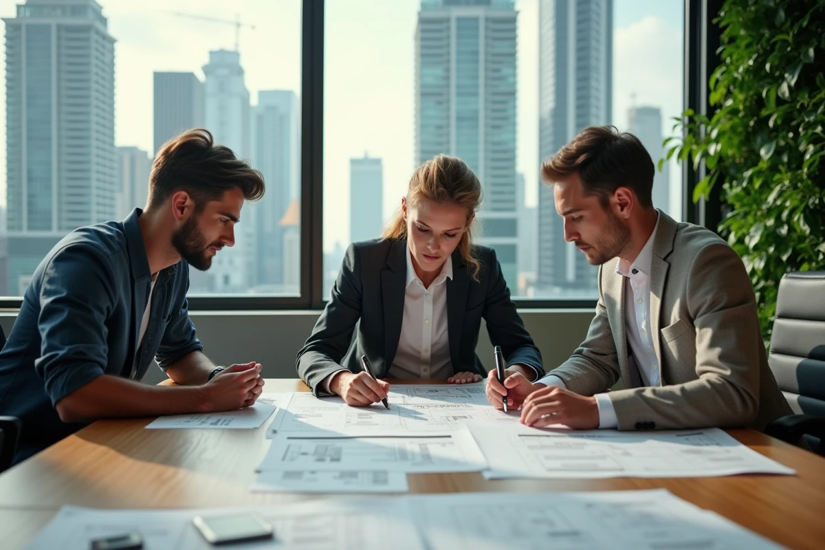 Jeunes professionnels analysant plans dans un bureau moderne