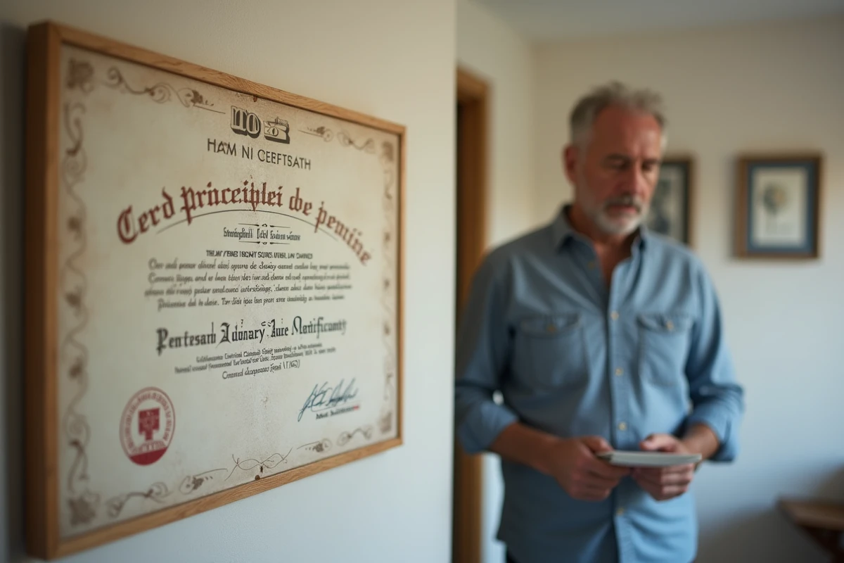 Certificat de classement meublé de tourisme périmé sur un mur avec propriétaire tenant une lettre de déclassement
