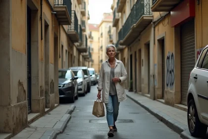 Femme résidente marchant prudemment dans une rue étroite du 9ème arrondissement de Marseille