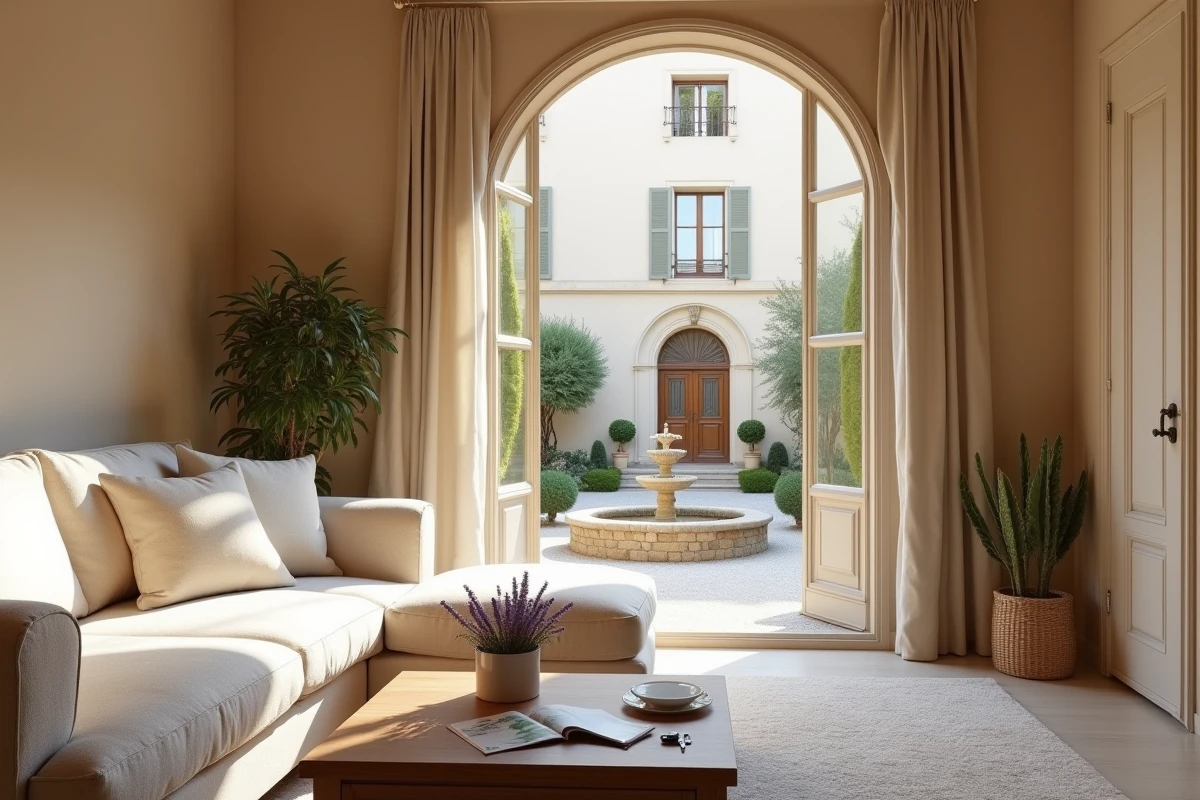 Salon d'un bien immobilier mis en vente à Aix-en-Provence avec brochure agence et clés sur la table basse