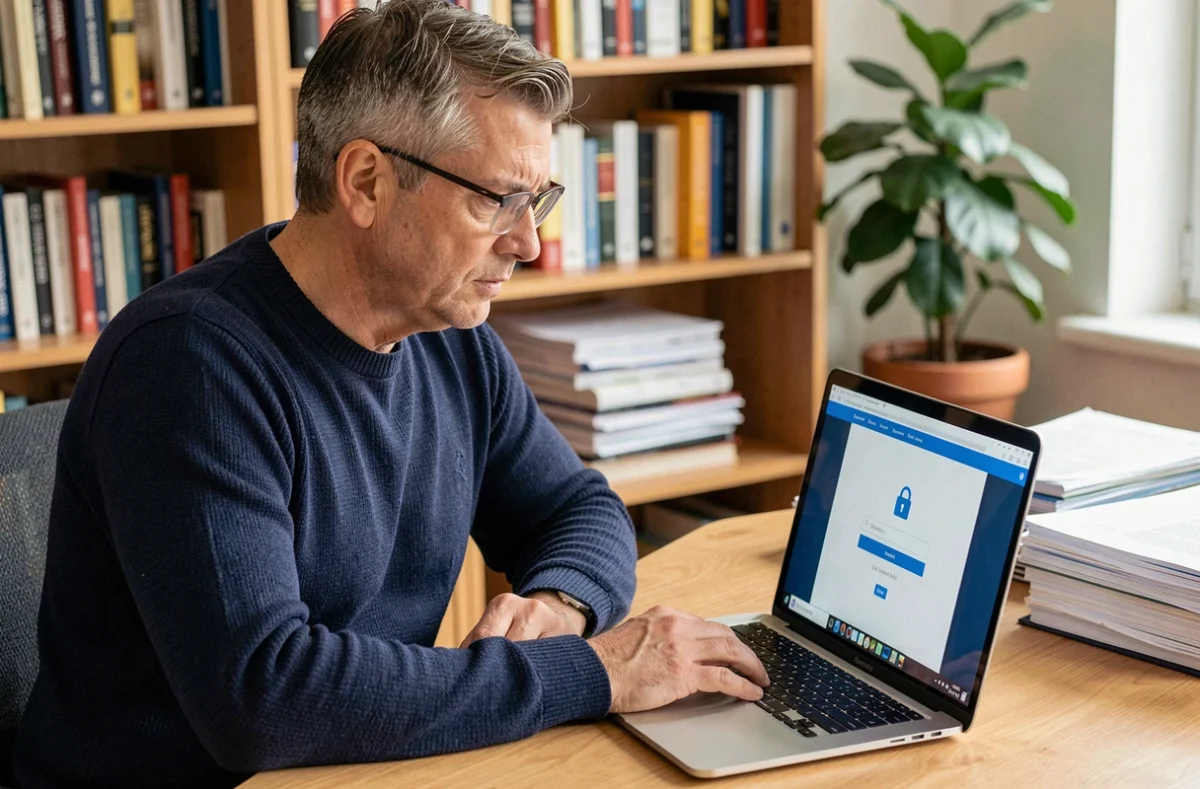 Un homme consultant son espace client sécurisé sur un ordinateur portable à son bureau à domicile