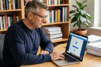 Un homme consultant son espace client sécurisé sur un ordinateur portable à son bureau à domicile