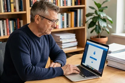 Un homme consultant son espace client sécurisé sur un ordinateur portable à son bureau à domicile