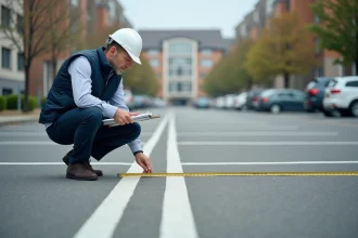 Technicien mesurant la largeur d'une place de parking avec un mètre ruban dans un parking extérieur urbain