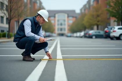 Technicien mesurant la largeur d'une place de parking avec un mètre ruban dans un parking extérieur urbain