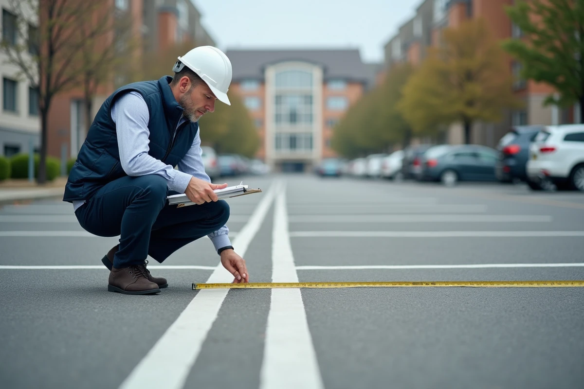 Technicien mesurant la largeur d'une place de parking avec un mètre ruban dans un parking extérieur urbain