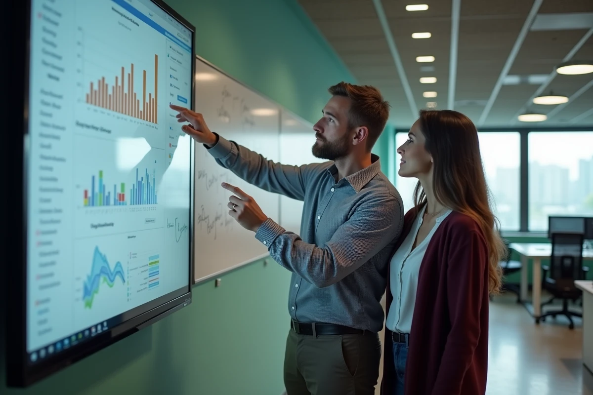 Deux travailleurs sociaux collaborant devant un écran affichant le tableau de bord du logiciel SYPLO