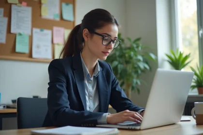 Travailleuse sociale consultant le logiciel SYPLO sur son ordinateur portable dans un bureau de services sociaux