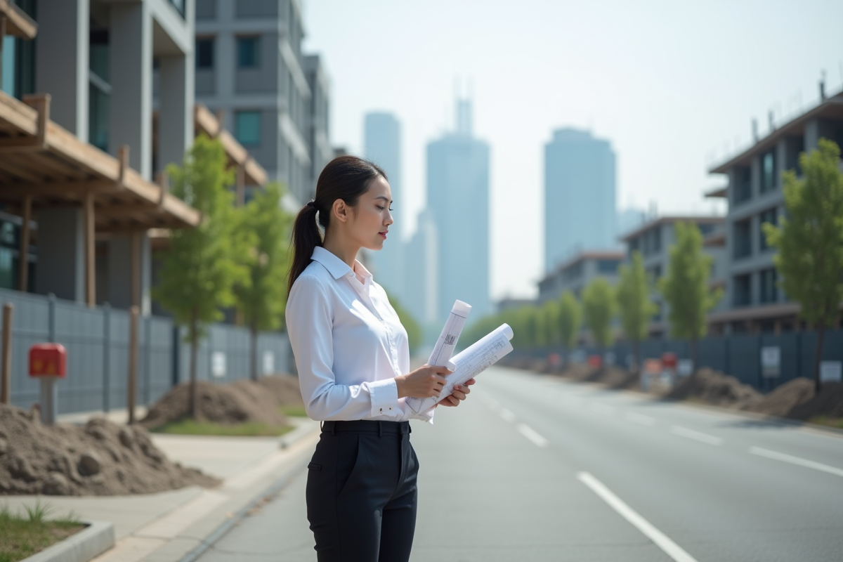 Urbaniste étudie un plan sur un site en construction