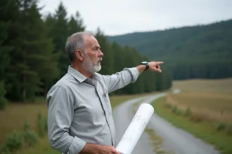 Urbaniste tenant un plan architectural en zone naturelle protégée, analysant le terrain boisé pour une construction légale en 2026