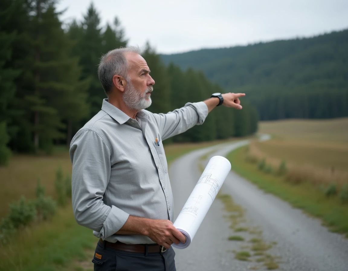 Urbaniste tenant un plan architectural en zone naturelle protégée, analysant le terrain boisé pour une construction légale en 2026