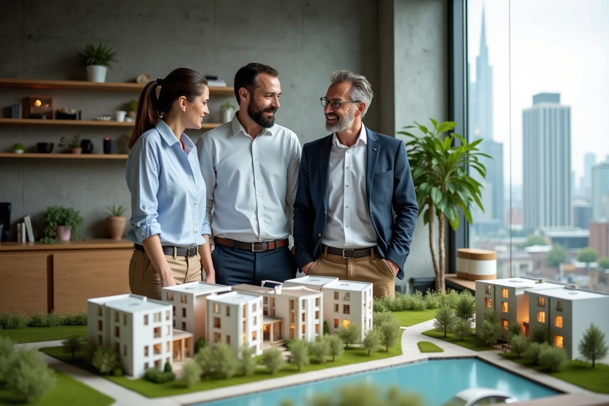 Équipe d'urbanistes autour d'une maquette de projet immobilier durable dans un bureau moderne