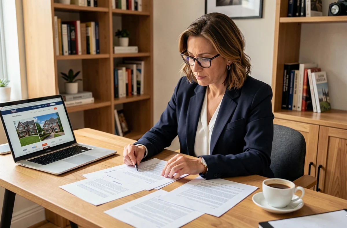 Femme agent immobilier vérifiant la conformité des frais d'agence iad sur des documents papier